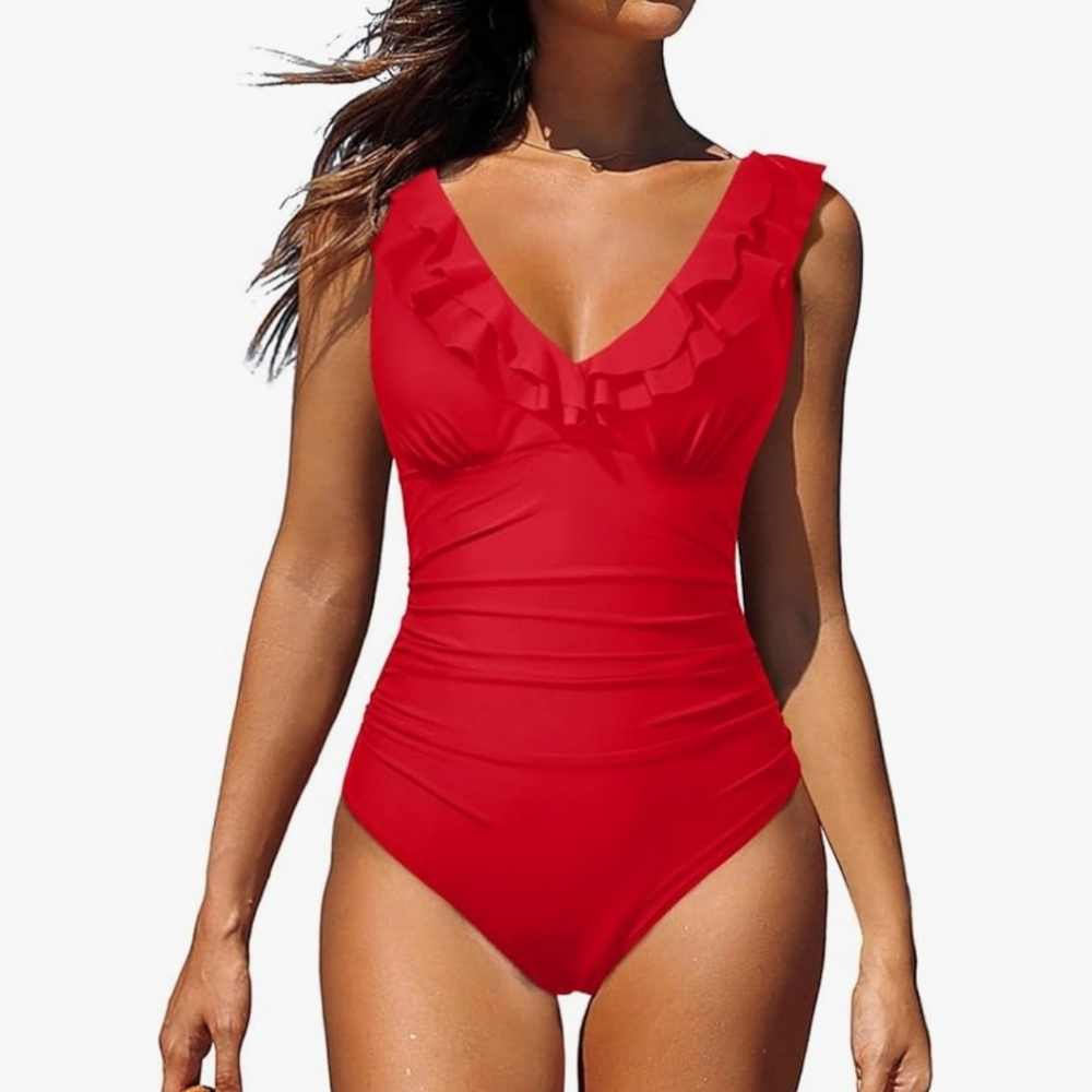 Holipick Elegant Red Ruffled One-Piece tummy control Swimsuit. Size XS